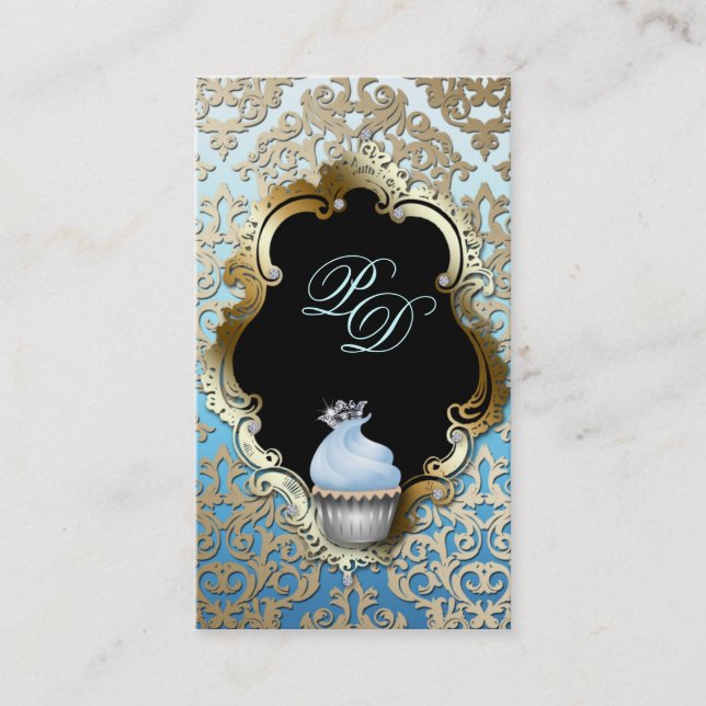Cupcake Business Card Elegant Damask Blue Gold (Front)