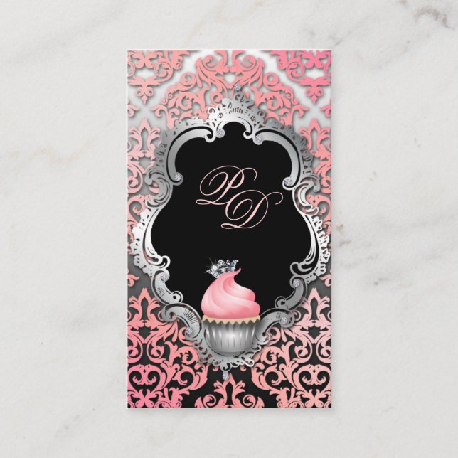 Cupcake Business Card Elegant Damask Peach Pink (Front)