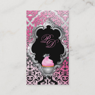 Cupcake Business Card Elegant Damask Pink Black