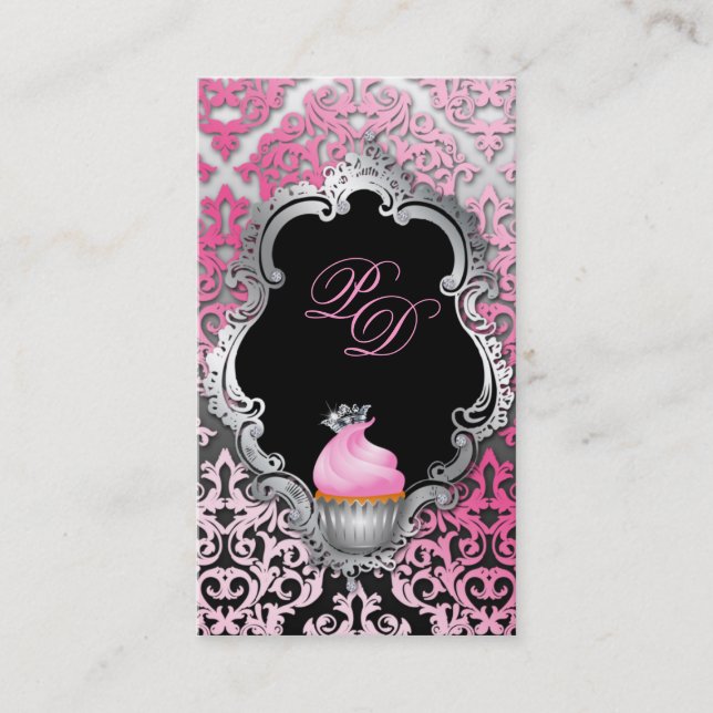 Cupcake Business Card Elegant Damask Pink Black (Front)
