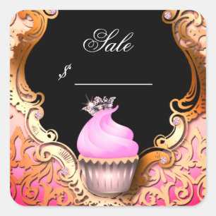 Cupcake Business Card Elegant Damask Pink Black Square Sticker