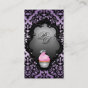 Cupcake Business Card Retro Damask Black Purple
