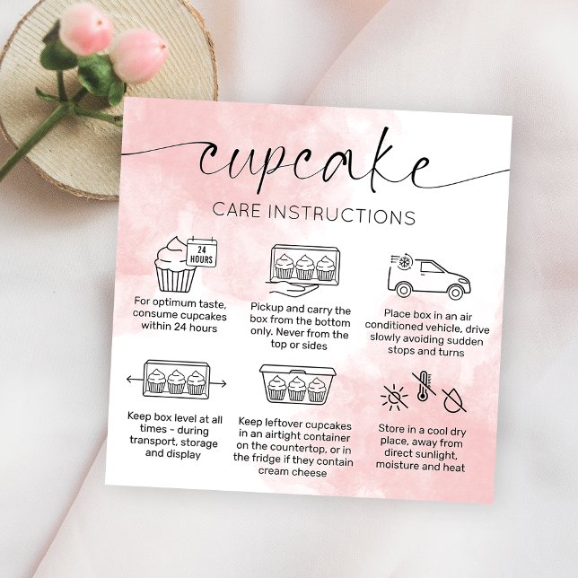 Cupcake Care Instructions Blush Pink Watercolor Square Business Card (Creator Uploaded)