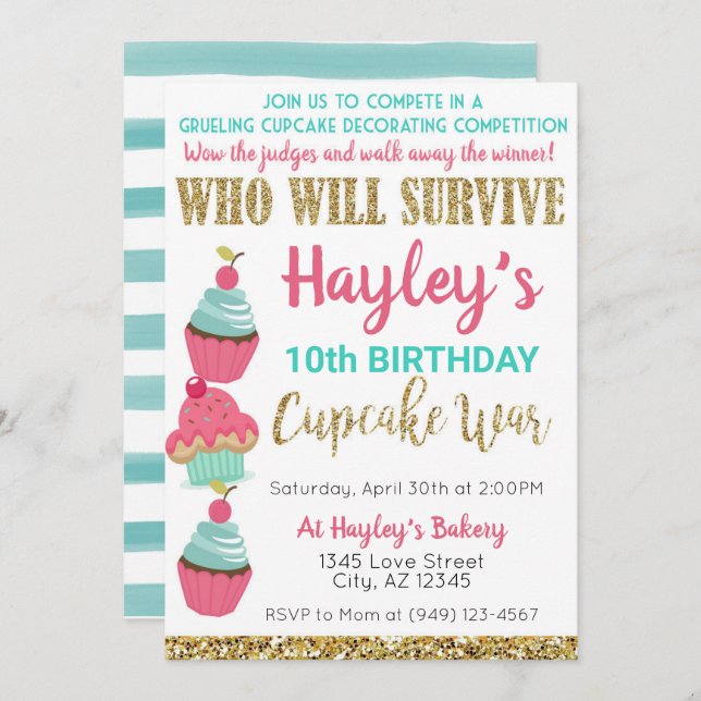 Cupcake Challenge Baking Pink & Mint Birthday Invitation (Front/Back)