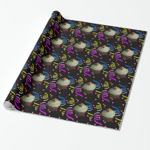 Cupcake Confetti Celebration Black Birthday Party Wrapping Paper