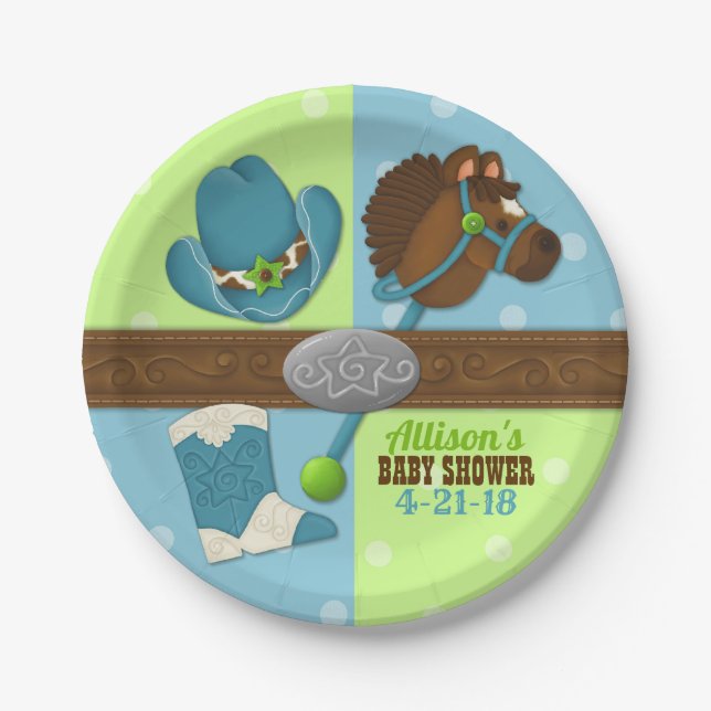 Cupcake Cowboy Baby Boy Shower 7" Paper Plate (Front)