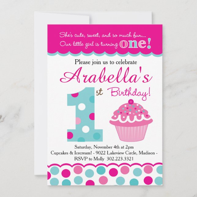 Cupcake Cutie Pie (Pink & Aqua) First Birthday Invitation (Front)