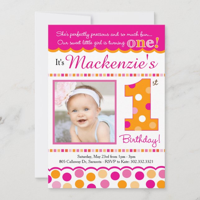 Cupcake Cutie Pie (Pink & Orange) First Birthday Invitation (Front)