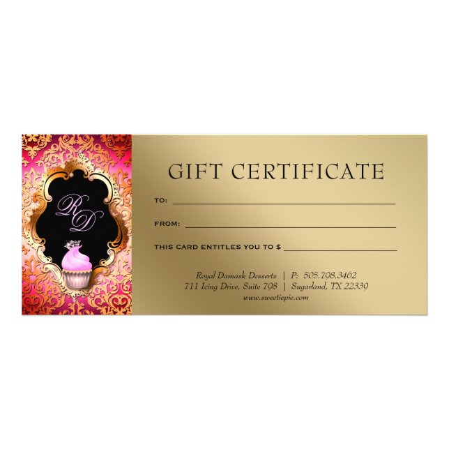 Cupcake Damask Gift Certificate Pink Gold (Front)
