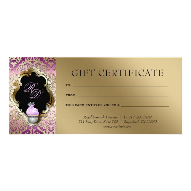 Cupcake Damask Gift Certificate Purple Gold (Front)