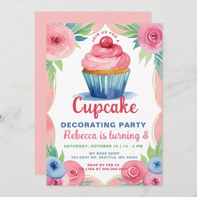 Cupcake Decorating Party Girl Birthday Invitation (Front/Back)