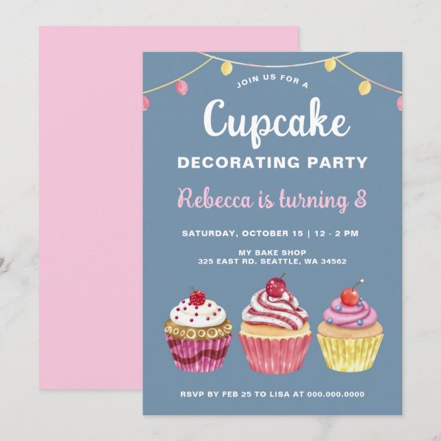 Cupcake Decorating Party Girl Birthday Invitation (Front/Back)