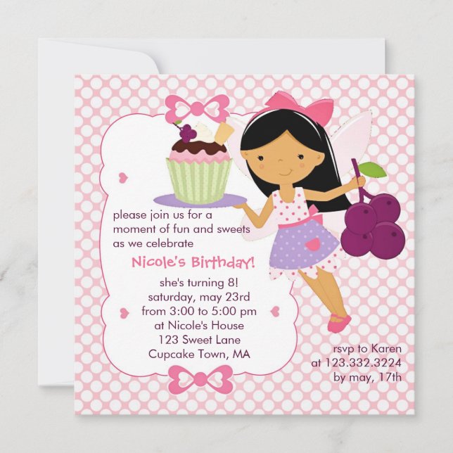 Cupcake Fairy Purple and Pink Girly Birthday Party Invitation (Front)