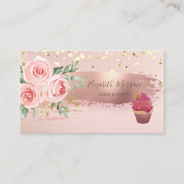 Cupcake, Flower,Gold Confetti, Brush Stroke   Business Card (Front)