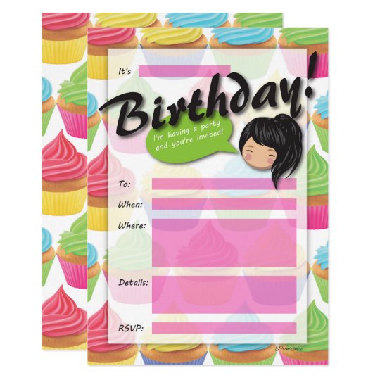 Cupcake Girl Birthday Invitation - Black Hair
