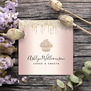 Cupcake Gold Glitter Drips Bakery Pastry Chef Pink Square Business Card