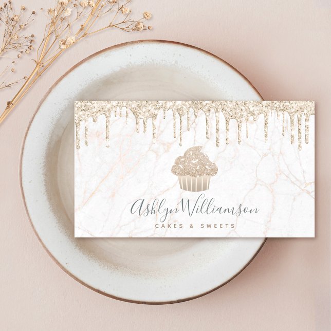 Cupcake Gold Glitter Drips Marble Bakery Dessert Business Card (Creator Uploaded)
