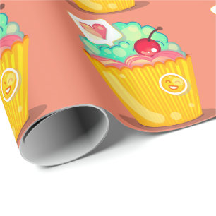 Cupcake heart and cherry peach gold teal cute wrapping paper