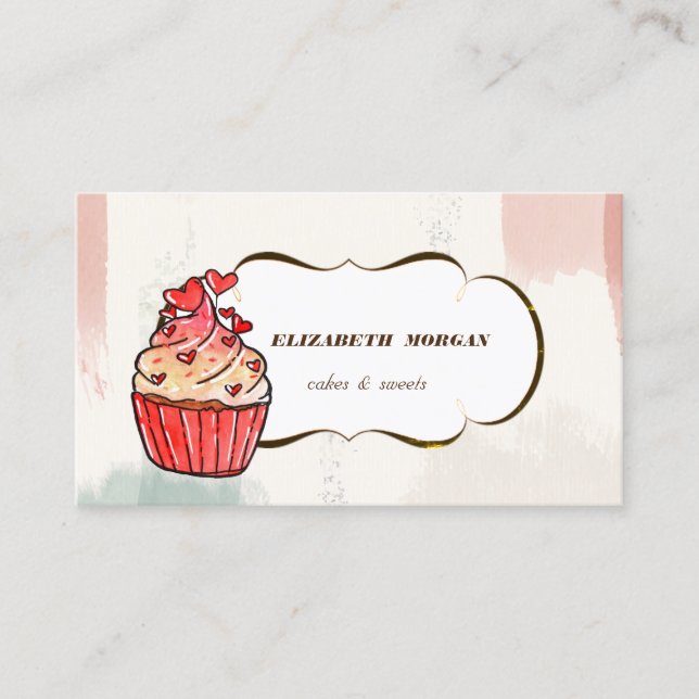 Cupcake Hearts Bakery ,Watercolor Brush Stroke Business Card (Front)