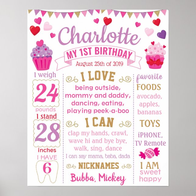Cupcake Hearts First Birthday board for a girl Poster (Front)
