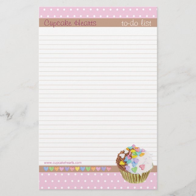 Cupcake Hearts lined To-Do List Stationery (Front)