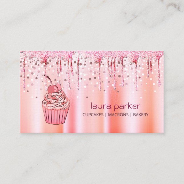 Cupcake Home Bakery Pastry Rose Gold Dripping Business Card (Front)