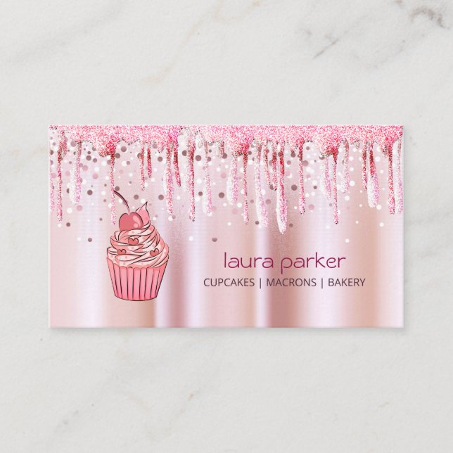 Cupcake Home Bakery Pastry Rose Gold Dripping Business Card (Front)