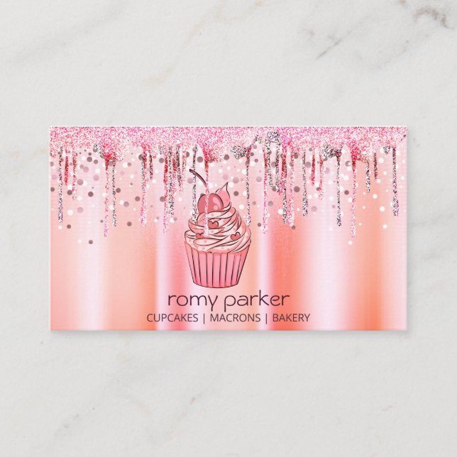 Cupcake Home Bakery Pastry Rose Gold Dripping Business Card (Front)