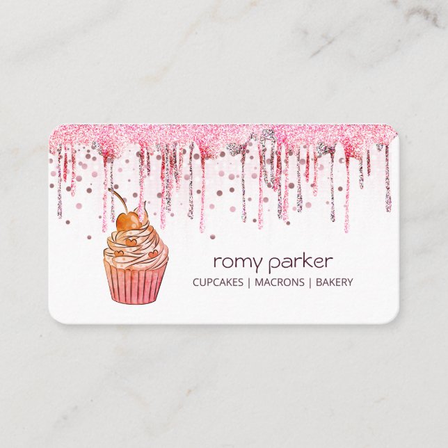 Cupcake Home Bakery Pastry Rose Gold Dripping Business Card (Front)