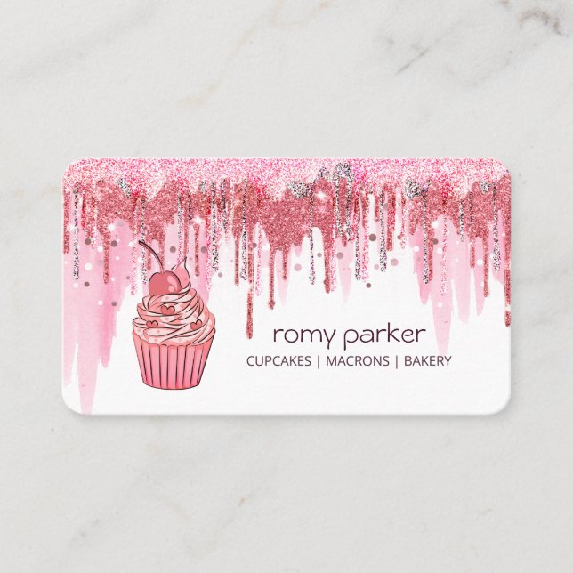 Cupcake Home Bakery Pastry Rose Gold Dripping Business Card (Front)