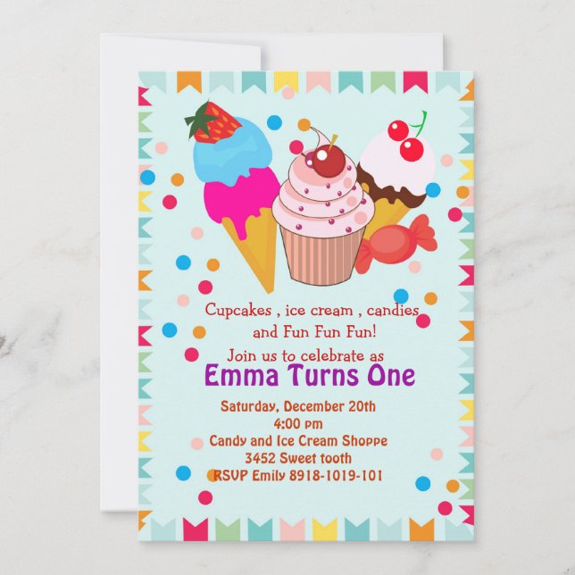 Cupcake icecream candy birthday party invitation (Front)