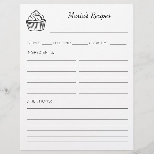 Cupcake Illustration Personalised Recipe Pages (Front)