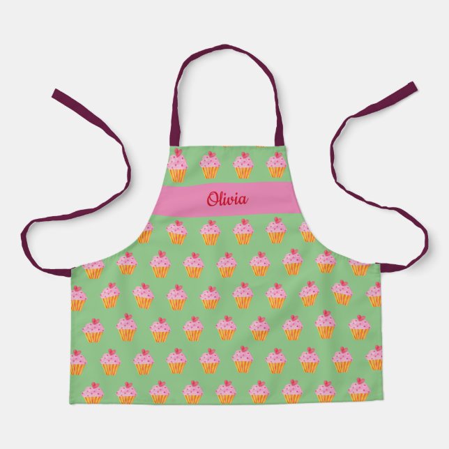 Cupcake Kids NAME baking apron watercolor retro (Front)