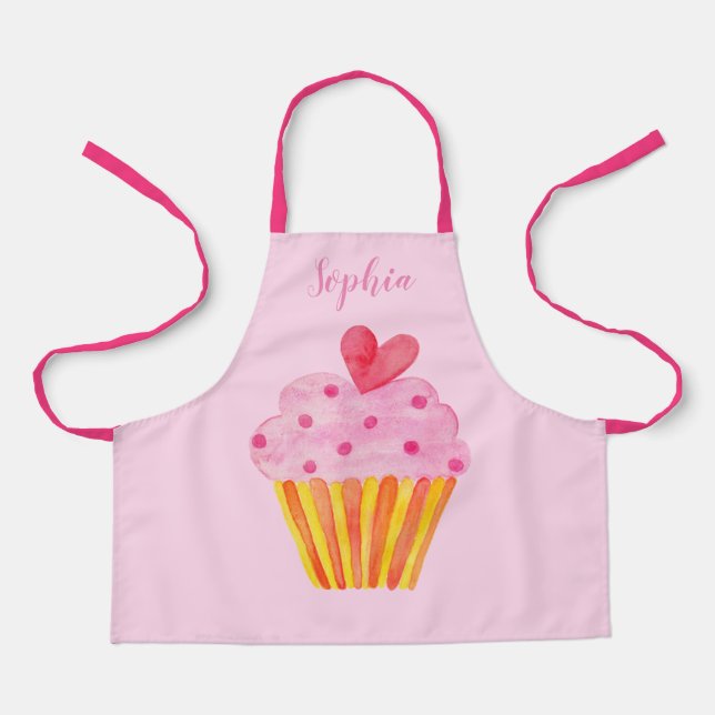 Cupcake Kids NAME baking apron watercolor retro (Front)