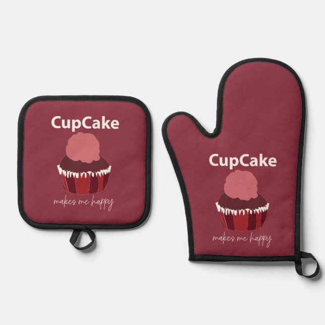Cupcake Makes Me Happy Cupcake  Oven Mitt & Pot Holder Set (Front)