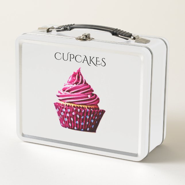 Cupcake metal lunch box /white. (Front)