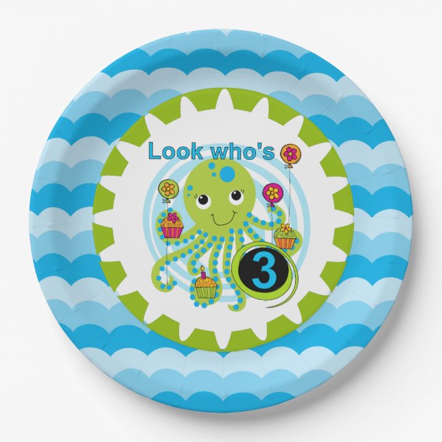 Cupcake Octopus 3rd Birthday Paper Plates (Front)