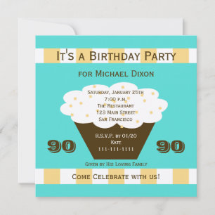Cupcake on Aqua 90th Birthday Party Invitation