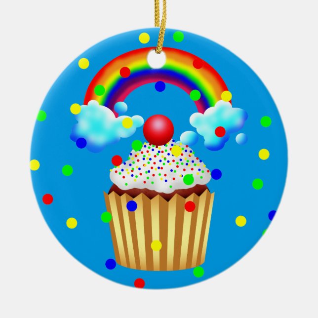 Cupcake Party with Rainbow & Sprinkles Ceramic Tree Decoration (Front)