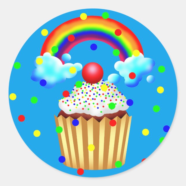 Cupcake Party with Rainbow & Sprinkles Classic Round Sticker (Front)