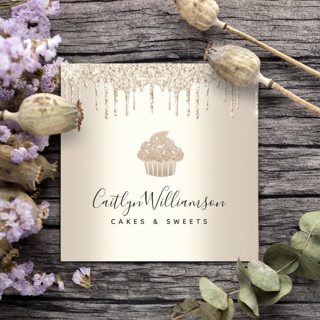 Cupcake Pastry Bakery Chef Chic Gold Glitter Drips Square Business Card (Creator Uploaded)