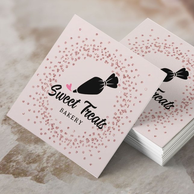  Cupcake Pastry Cake Bakery Rose Gold Confetti Square Business Card (Creator Uploaded)