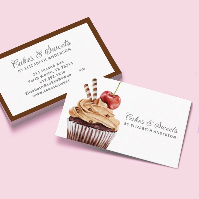 Cupcake Pastry Chef Bakery Business Card (A modern and elegant cupcake bakery business card featuring a chocolate cupcake with a cherry on top)
