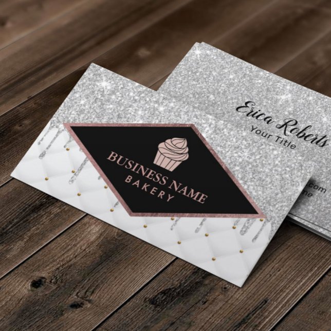 Cupcake Pastry Chef Bakery Silver Glitter Drips Business Card (Creator Uploaded)