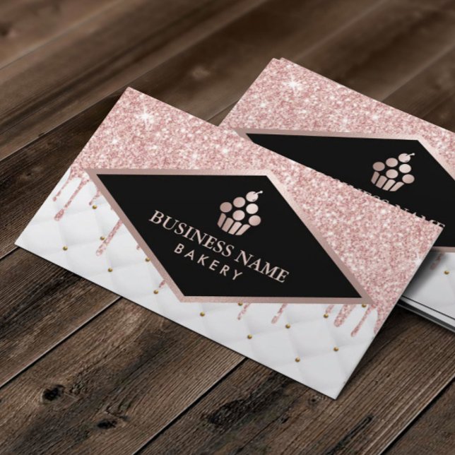 Cupcake Pastry Chef Rose Gold Glitter Drips Bakery Business Card (Creator Uploaded)