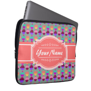 Cupcake Pattern Coral Personalised Name Laptop Sleeve