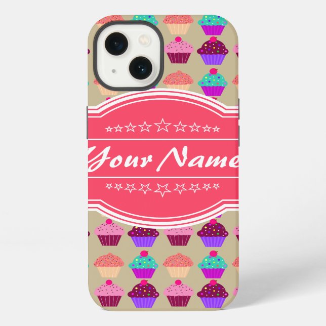 Cupcake Pattern Hot Pink Personalised Name iPhone Case (Back)
