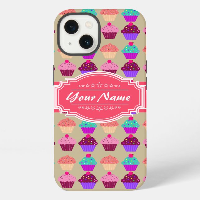 Cupcake Pattern Hot Pink Personalised Name iPhone Case (Back)