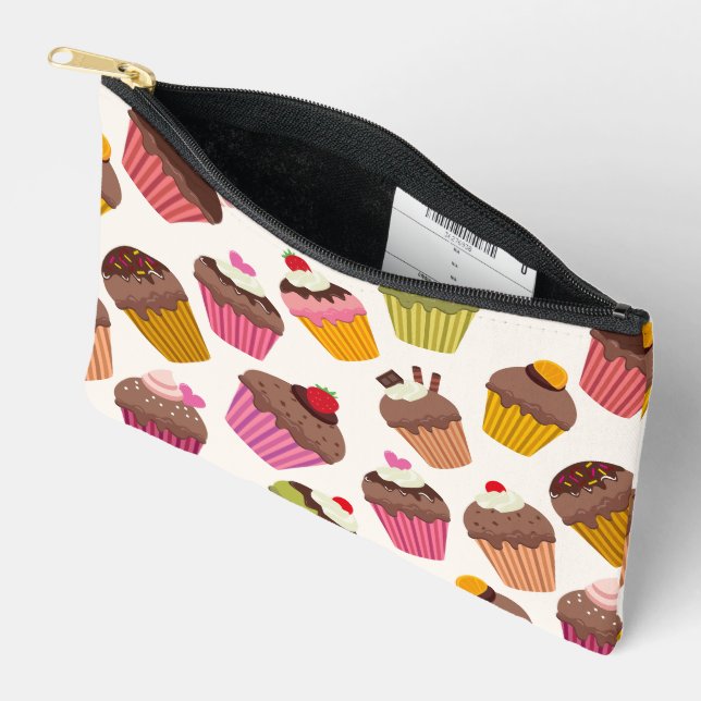Cupcake Pattern, Muffin Pattern, Chocolate, Hearts Accessory Pouch (Open)