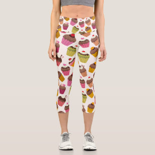Cupcake Pattern, Muffin Pattern, Chocolate, Hearts Capri Leggings